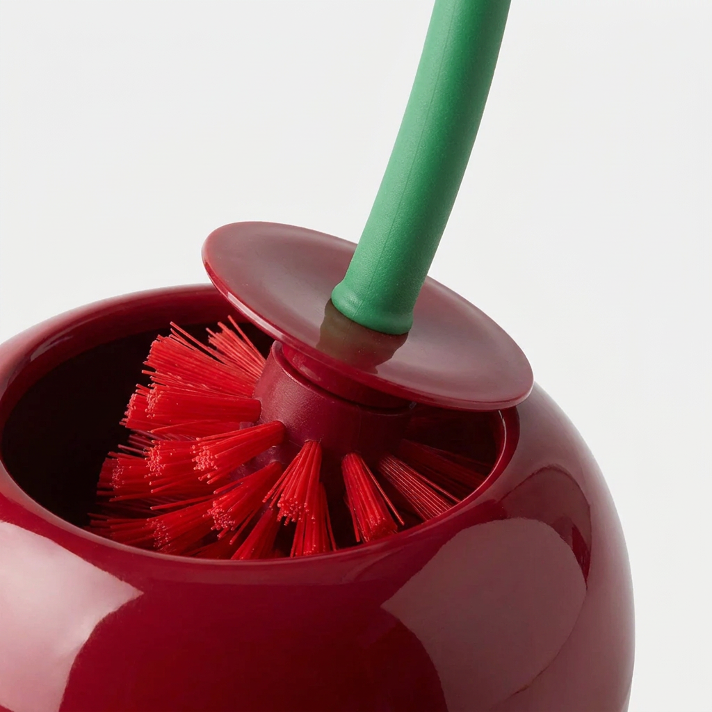 A close-up studio shot of a glossy red toilet brush with a green handle, showing the red bristles and a red brush holder lid against a clean white background.