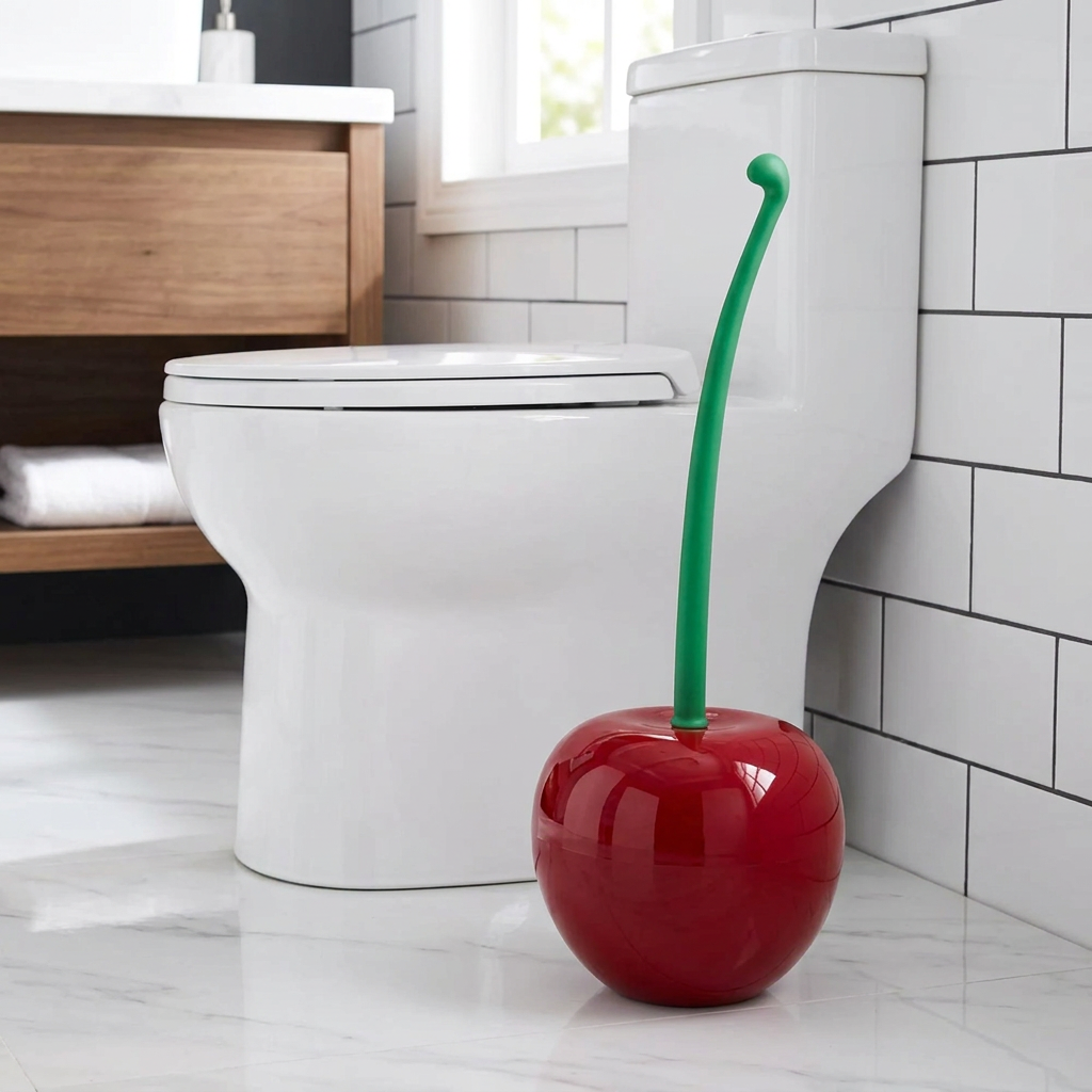 A red cherry-shaped toilet brush with a green stem stands on a white marble bathroom floor next to a white toilet and white subway tile wall.