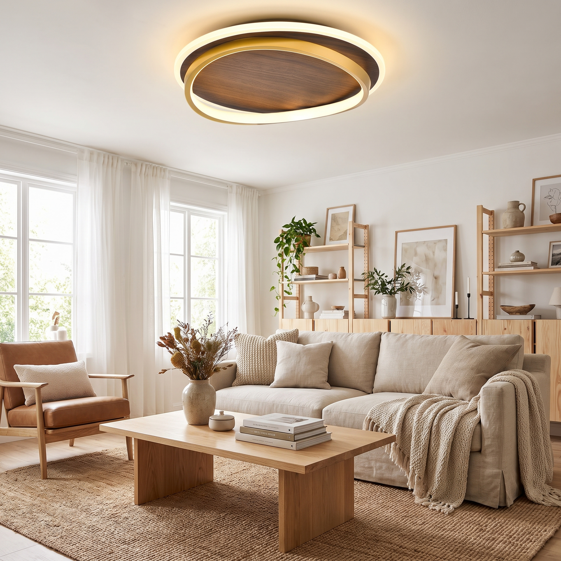 Circular Walnut Grain LED Flush Mount Ceiling Light for Modern Homes 3