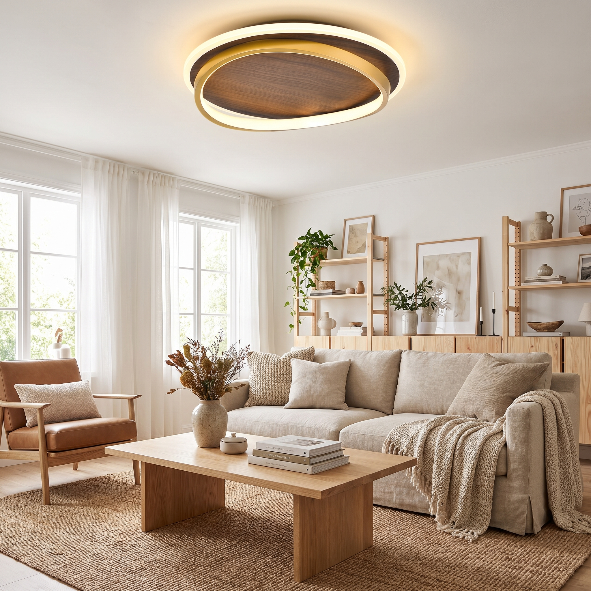 Circular Walnut Grain LED Flush Mount Ceiling Light for Modern Homes 3