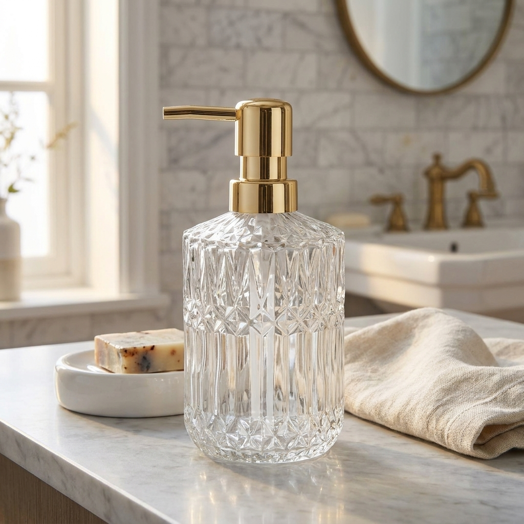 A clear cut-glass soap dispenser with a polished gold pump, set on a marble bathroom counter next to a folded beige towel and a bar of soap in a white dish.