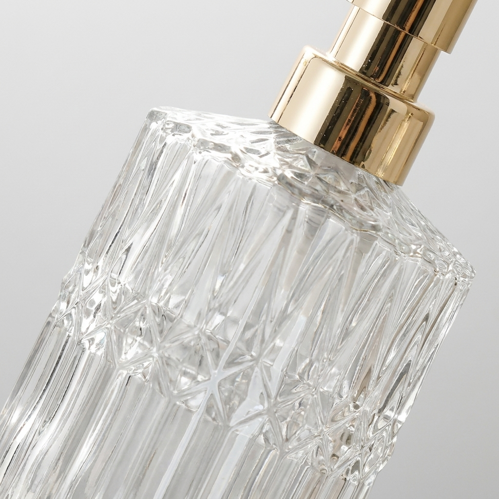 A close-up of a clear faceted glass bottle with a shiny gold pump dispenser, set against a light gray background.