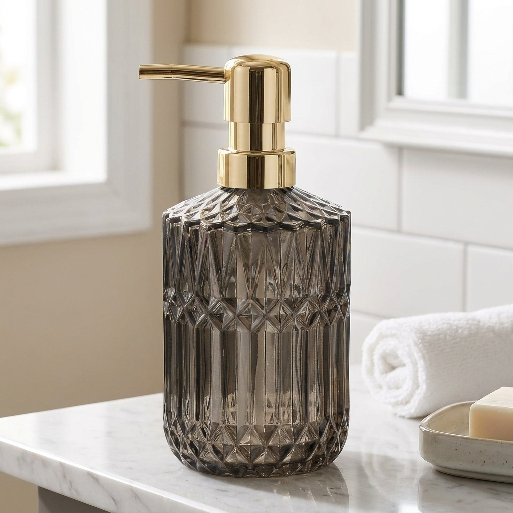 A smoky translucent glass soap dispenser with a gold pump, set on a marble bathroom counter with a white towel and soap bar in the background.