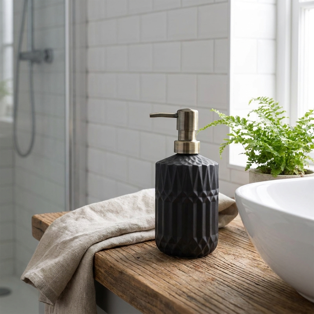 A dark textured soap dispenser with a brass pump sits on a rustic wooden bathroom counter next to a white sink and a beige towel, with a green plant in the background.