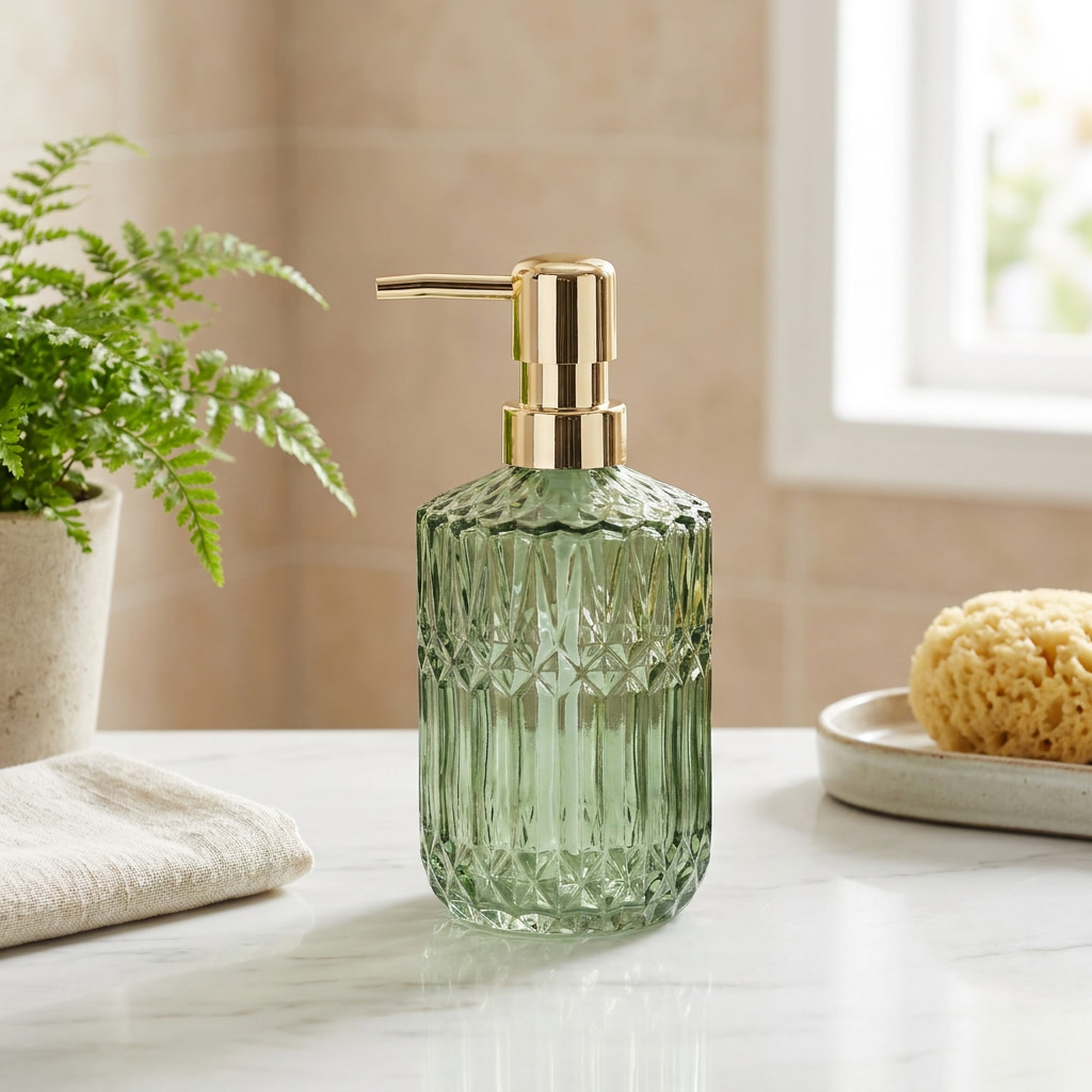 A green faceted glass soap dispenser with a gold pump, set on a white marble countertop in a bathroom setting with a fern, sponge, and tiled wall in the background.