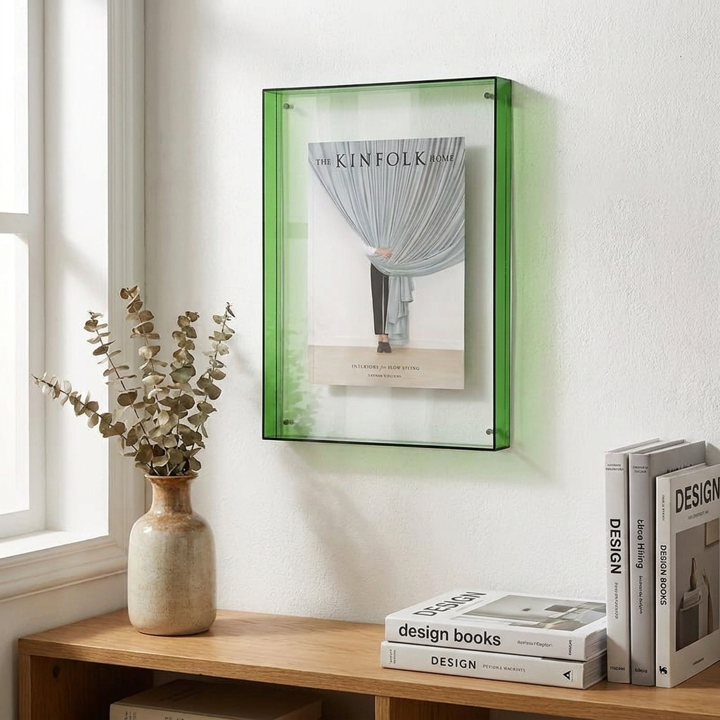 A rectangular green-framed glass wall art piece hangs on a white wall above a wooden shelf, displaying a magazine or book cover. The scene includes a vase with dried eucalyptus and stacked books on the shelf.