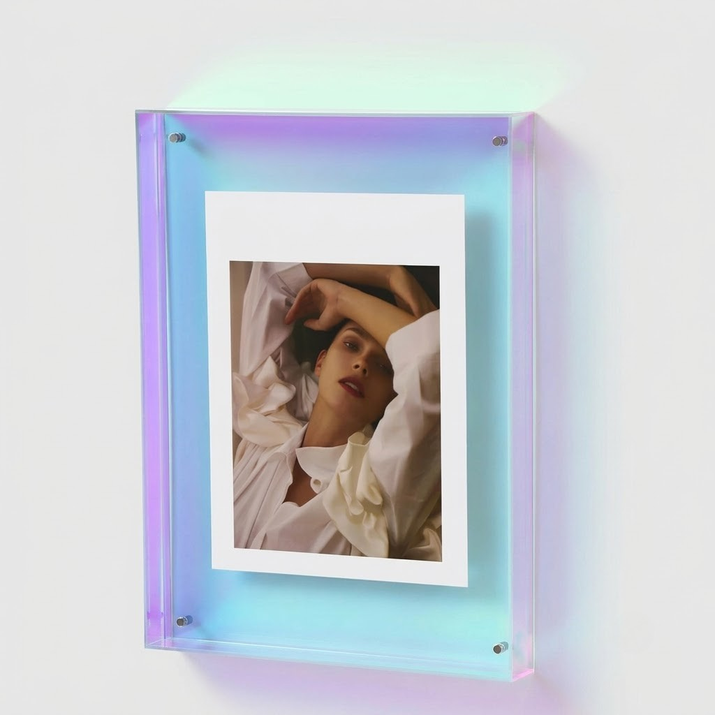 A modern acrylic picture frame with a built-in LED light bar, casting a soft purple and blue glow. The frame is mounted on a plain white wall and contains a sample portrait photo with a white border.