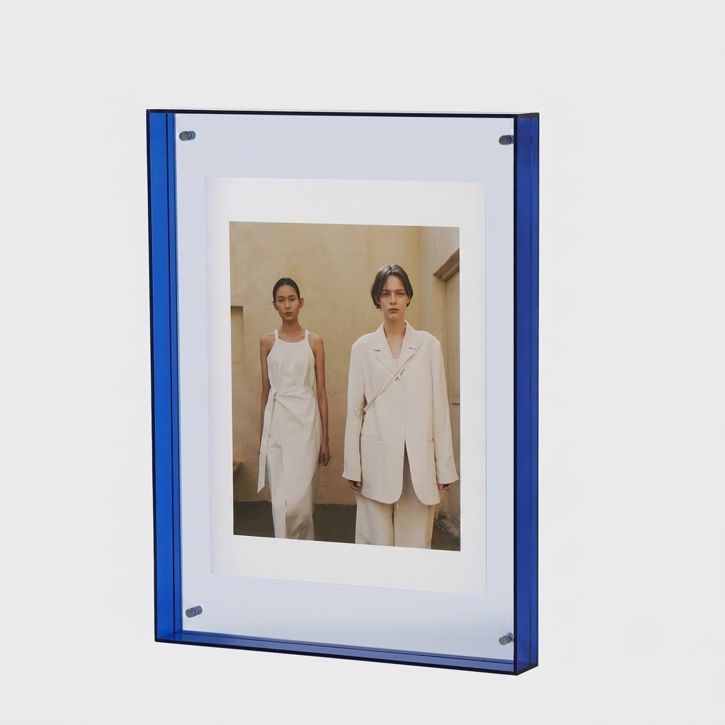 A vertical acrylic picture frame with a vibrant blue border, holding a white mat and a photograph of two models in minimalist cream-colored clothing, set against a light gray background.