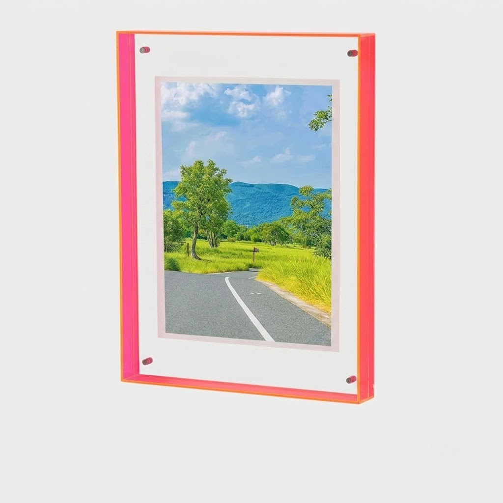 A vertical acrylic picture frame with a vibrant pink outer border and a white inner mat, showcasing a landscape photo of a road through green trees and grass under a blue sky. The frame is shown at a slight angle against a light gray background.