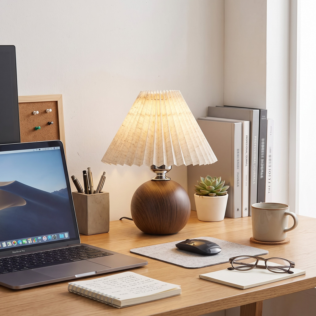 A lit table lamp with a pleated cream shade and a round dark wood base sits on a wooden desk beside a laptop, notebook, mouse, mug, books, and a small plant in a bright home office setting.