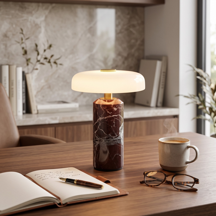 A modern table lamp with a glowing white rounded dome shade and a dark brown marble-patterned cylindrical base sits on a wooden desk in a cozy home office setting. An open notebook, pen, glasses, and a cup of coffee are arranged around it.