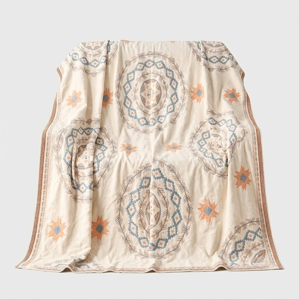 A cream-colored throw blanket with a bohemian-style pattern featuring blue and orange medallions and starburst motifs, draped against a light gray background.