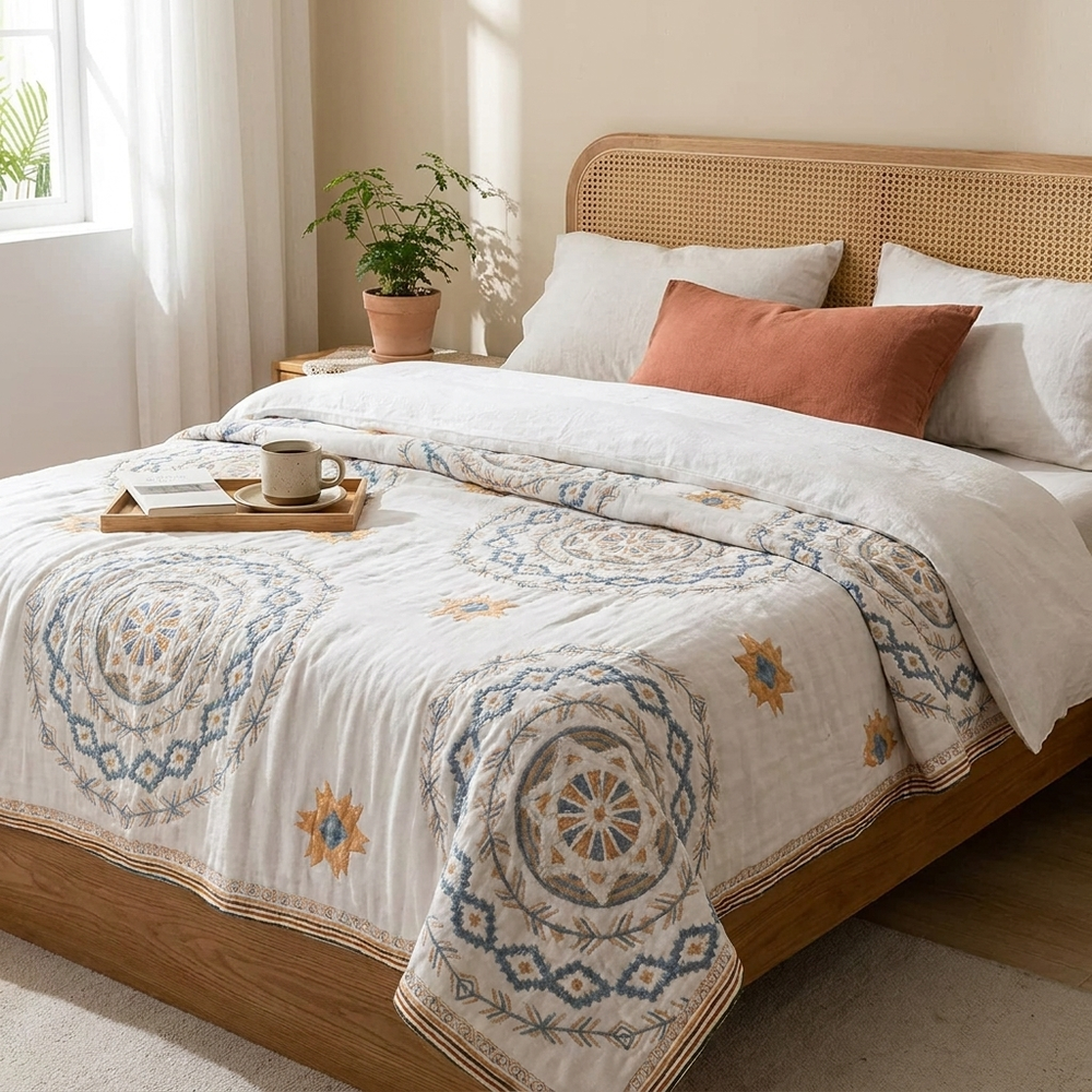 A styled bed in a bright bedroom featuring a white quilted duvet cover with blue and orange mandala patterns, a woven cane headboard, white pillows, and a terracotta accent pillow.