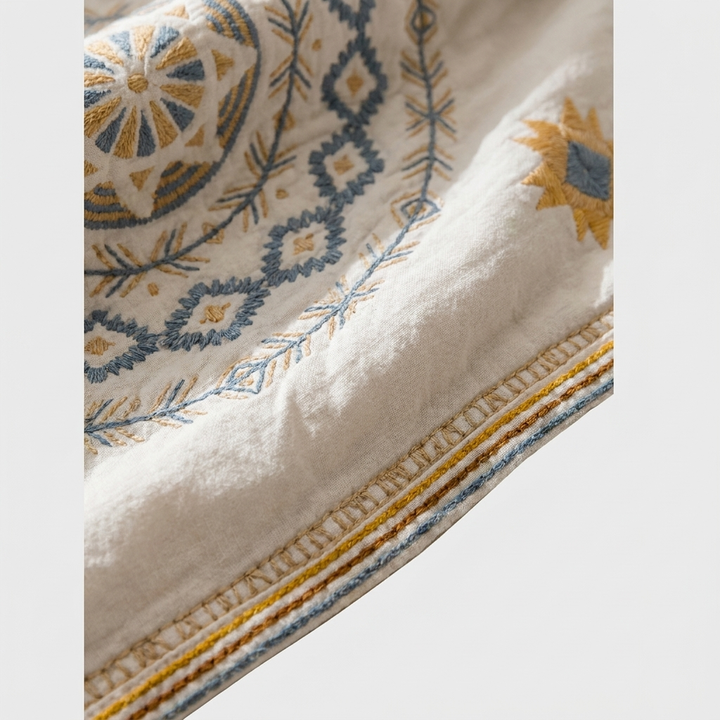 A close-up of a textured cream-colored rug with intricate hand-woven geometric and floral patterns in slate blue and mustard yellow, showing the detailed border and pile texture.