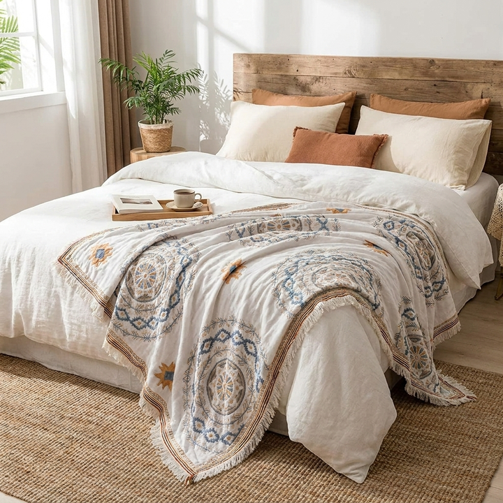 A bohemian-style throw blanket with intricate blue, beige, and orange geometric patterns and fringed edges, draped over a bed with white linens and a wooden headboard in a bright, sunlit bedroom.