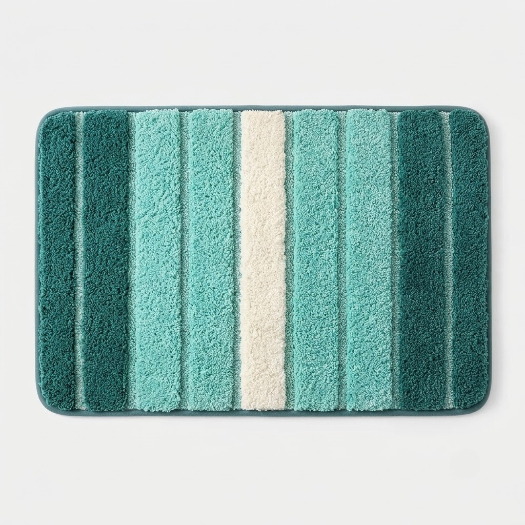 A rectangular bath mat with rounded corners, featuring vertical stripes in various shades of teal and green with a central cream stripe, shown on a light gray background.