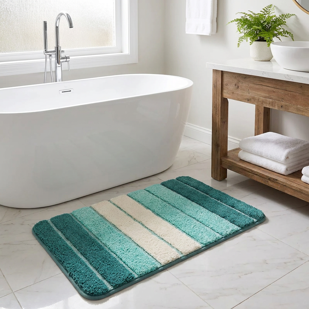 A rectangular bath mat with horizontal striped patterns in shades of teal, green, and cream, placed on a light marble bathroom floor next to a white freestanding bathtub and a wooden vanity.