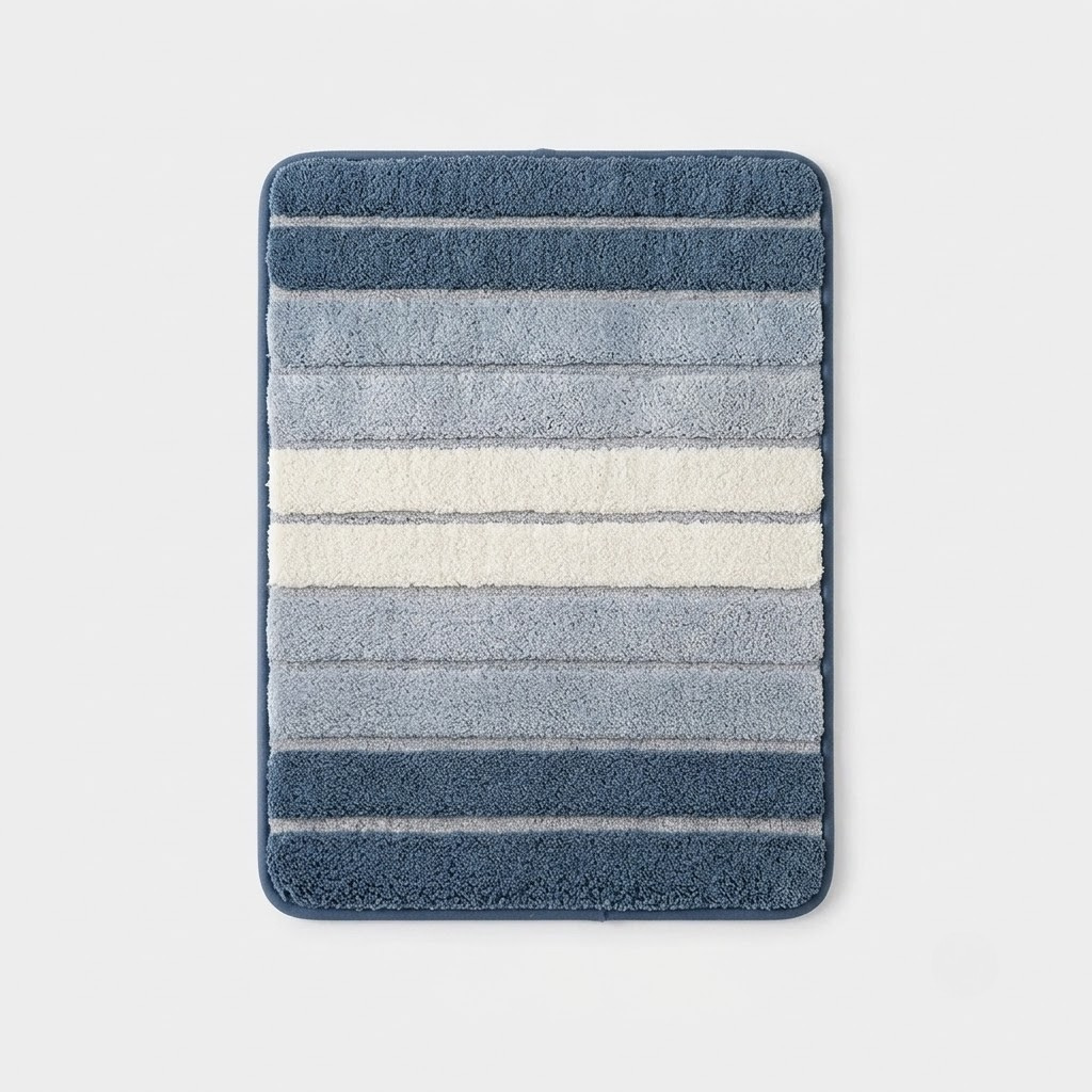 A rectangular bath mat with rounded corners, featuring horizontal stripes in shades of blue, gray, and cream, shown against a light gray background.