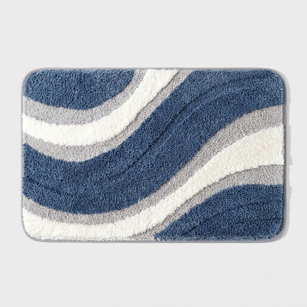 A rectangular bath mat with rounded corners featuring a wavy, flowing pattern in navy blue, medium blue, gray, and white, set against a light gray background.