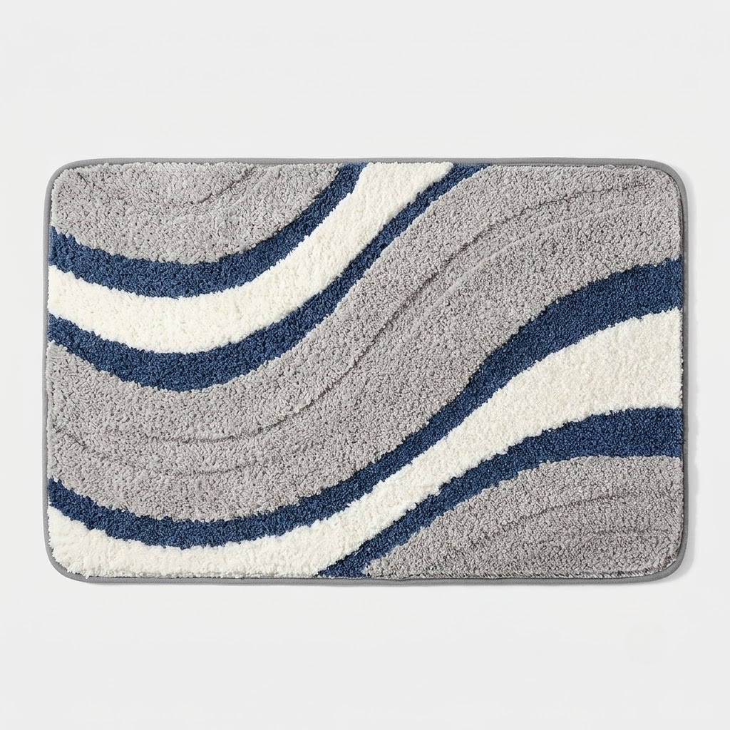 A rectangular bath mat with rounded corners featuring a wavy abstract pattern in navy blue, medium gray, and off-white, set against a light gray background.