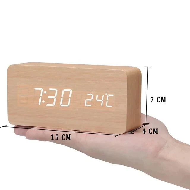 Digital Alarm Clock, Wood-Effect Design with Voice Control and Adjustable Brightness 9