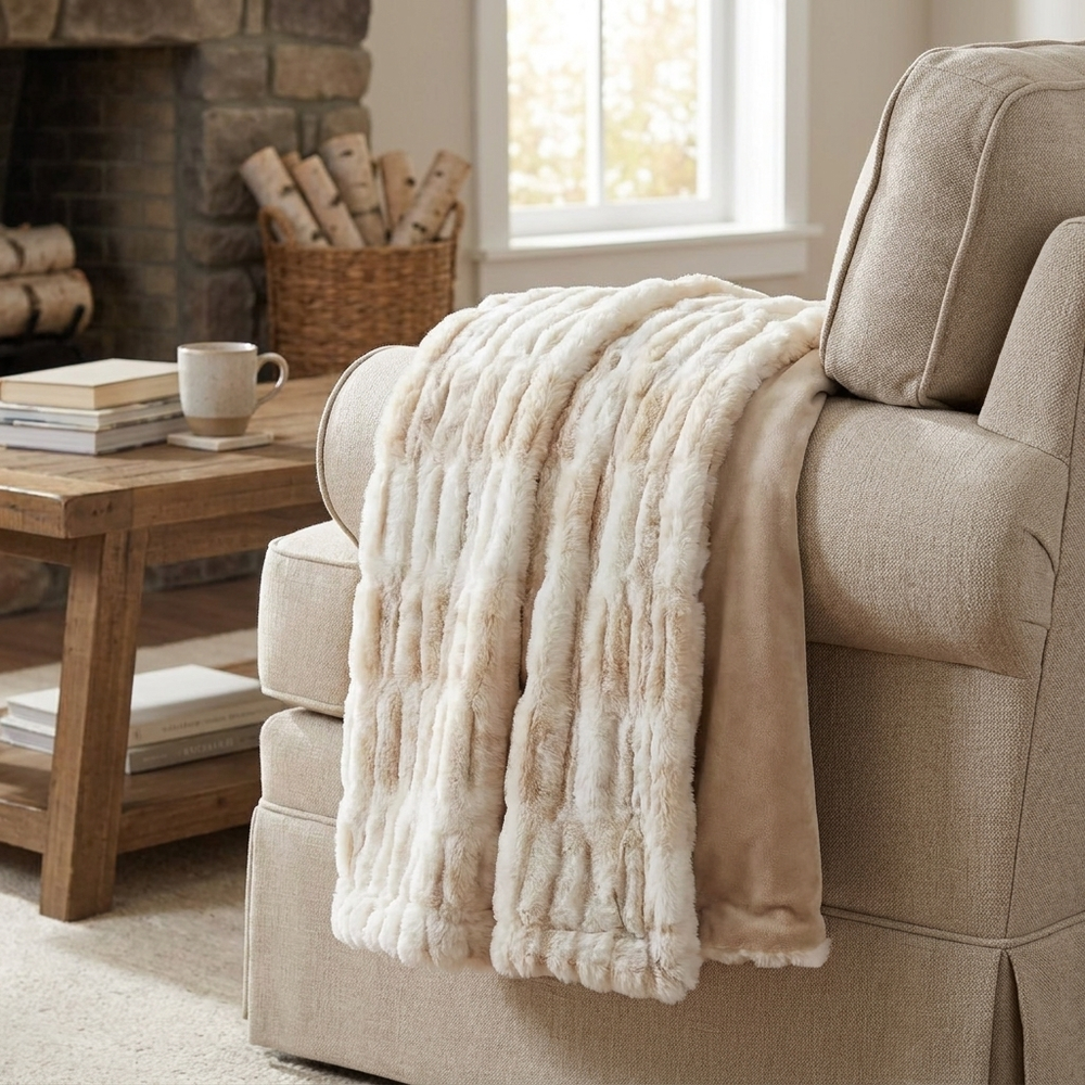 A cream and beige textured throw blanket draped over a beige armchair in a cozy living room setting next to a wooden coffee table and a brick fireplace.