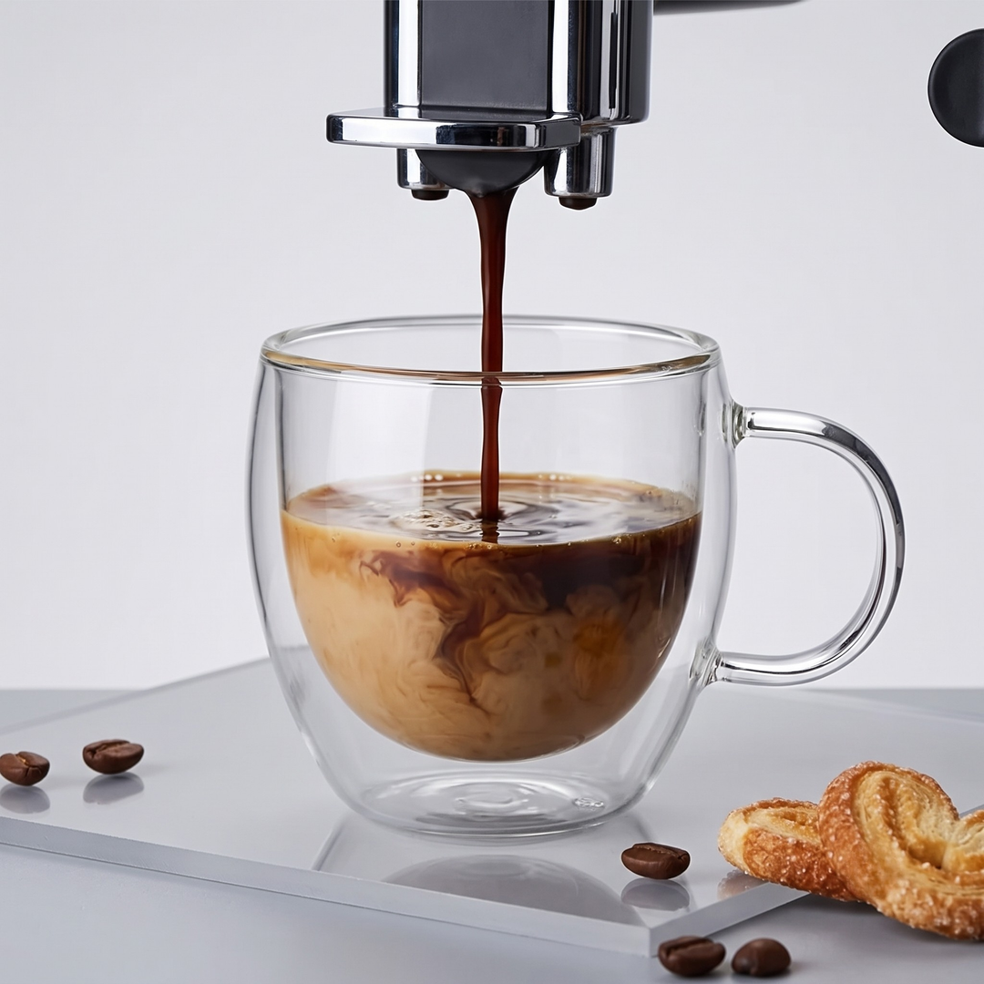 A clear double-walled glass mug with a handle, shown on a light gray surface with coffee being poured into it from a machine. Coffee beans and a croissant are placed around the mug.