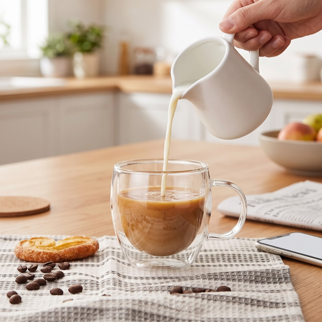 A clear glass mug filled with coffee sits on a table runner while a hand pours milk from a small white pitcher. A cookie, coffee beans, and a smartphone are nearby in a bright kitchen setting.