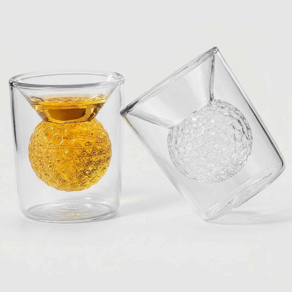 Two clear double-walled glass tumblers on a light gray studio background. One tumbler stands upright and contains a textured amber-yellow ball inside.