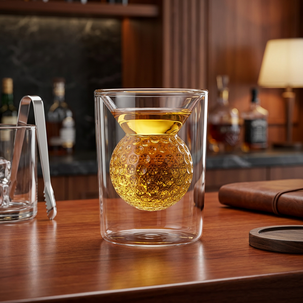 A clear double-walled glass tumbler with a textured, honeycomb-style spherical insert, shown on a wooden bar counter with blurred bottles and bar accessories in the background.