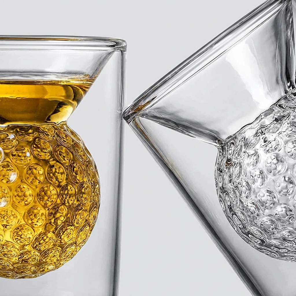 Two clear glass tumblers with sculptural textured globes beneath the rims, one filled with amber liquid and the other empty, shown on a light gray background.