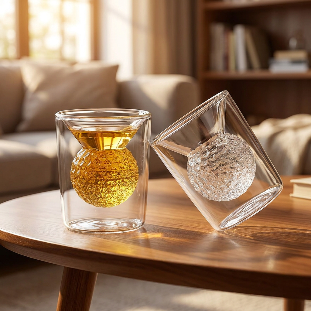 Two clear glass tumblers with floating textured spheres, one filled with amber liquid, displayed on a wooden table in a softly blurred living room setting.