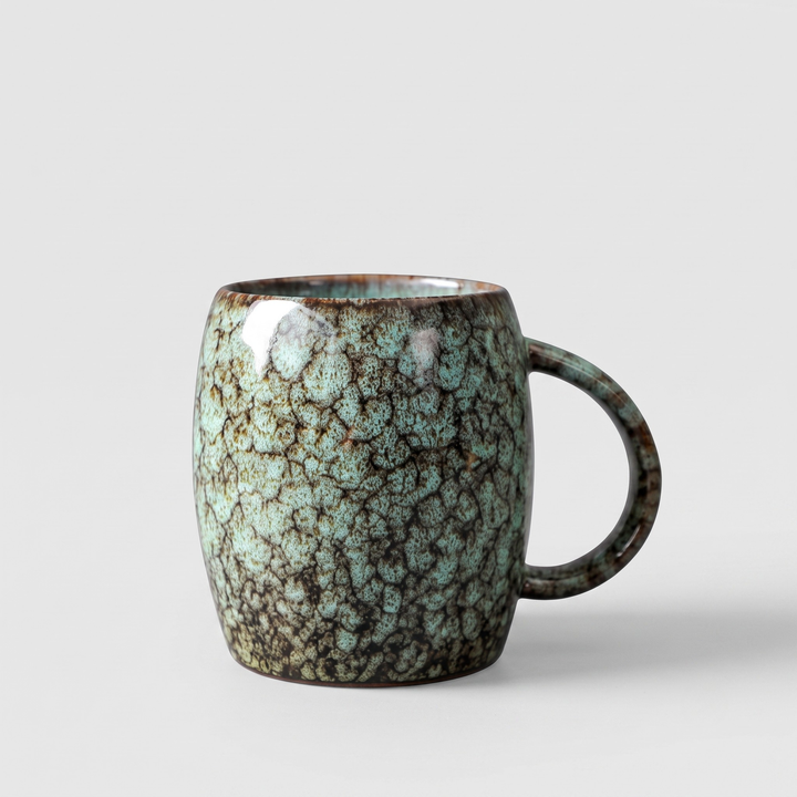 A ceramic mug with a textured, crackled glaze in shades of teal, brown, and cream, set against a plain light gray background.