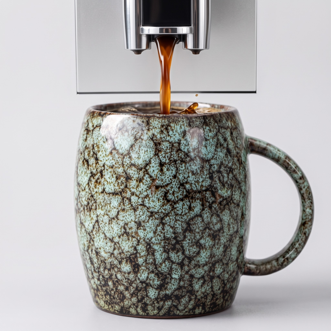 A ceramic coffee mug with a textured, mottled green and brown glaze, shown with coffee pouring from a machine into the cup against a light gray background.
