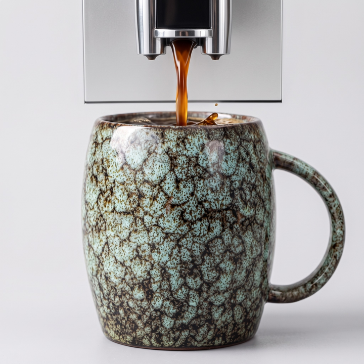 A ceramic coffee mug with a textured, mottled green and brown glaze, shown with coffee pouring from a machine into the cup against a light gray background.