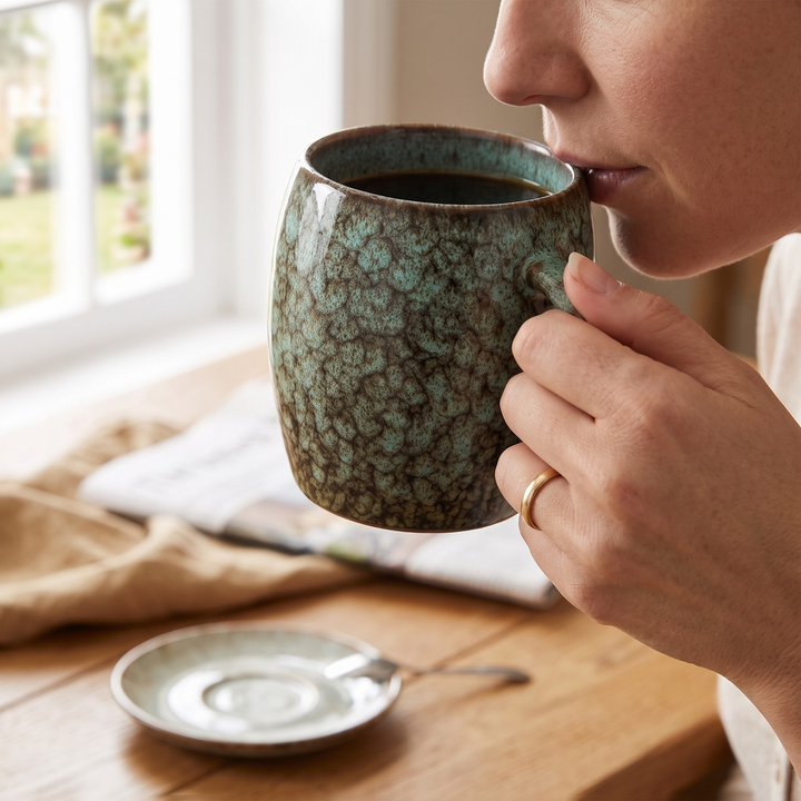 A person holding a glazed ceramic mug filled with coffee at a wooden table, with a matching saucer nearby and a window in the background.