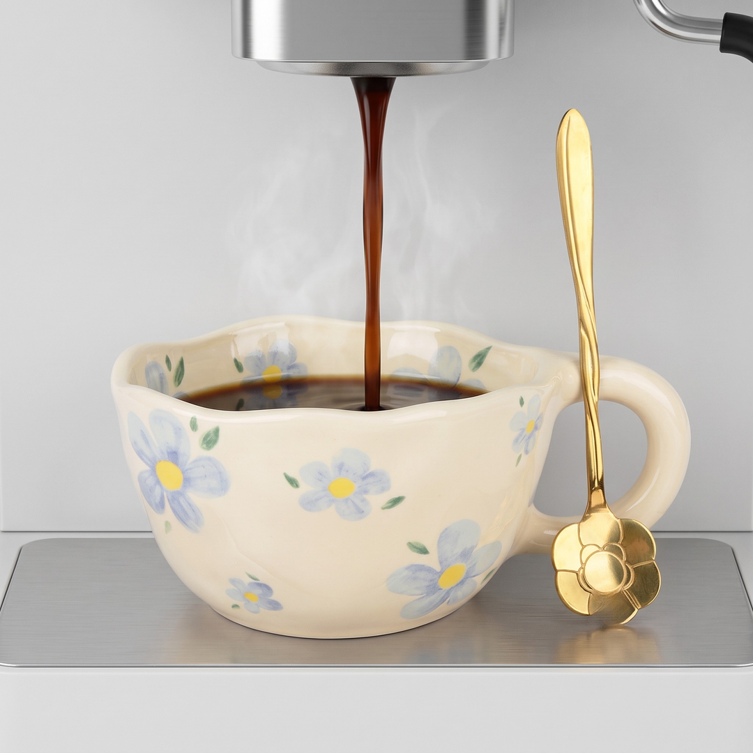 A cream-colored ceramic coffee cup with a handle, decorated with light blue and yellow daisy flowers, filled with hot coffee as it pours from a machine. A matching gold-colored flower-shaped spoon rests on the side of the cup, all set on a stainless steel countertop.