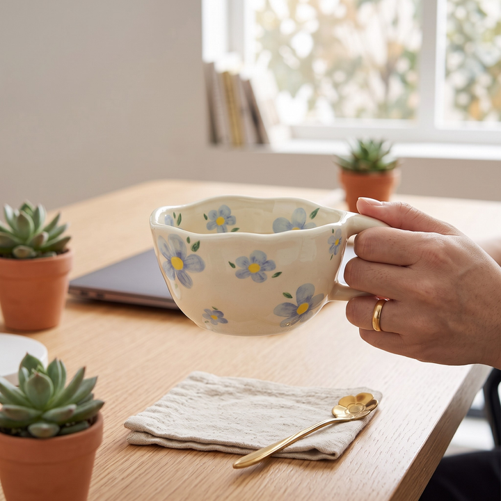 A hand holds a cream-colored ceramic teacup decorated with a blue and yellow floral pattern, set on a wooden table with a gold spoon and small potted succulents in a bright room.