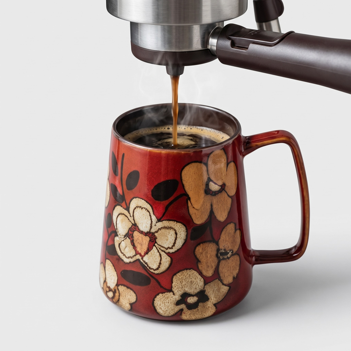 A red ceramic coffee mug with a floral pattern, shown with espresso being poured into it from a portafilter.