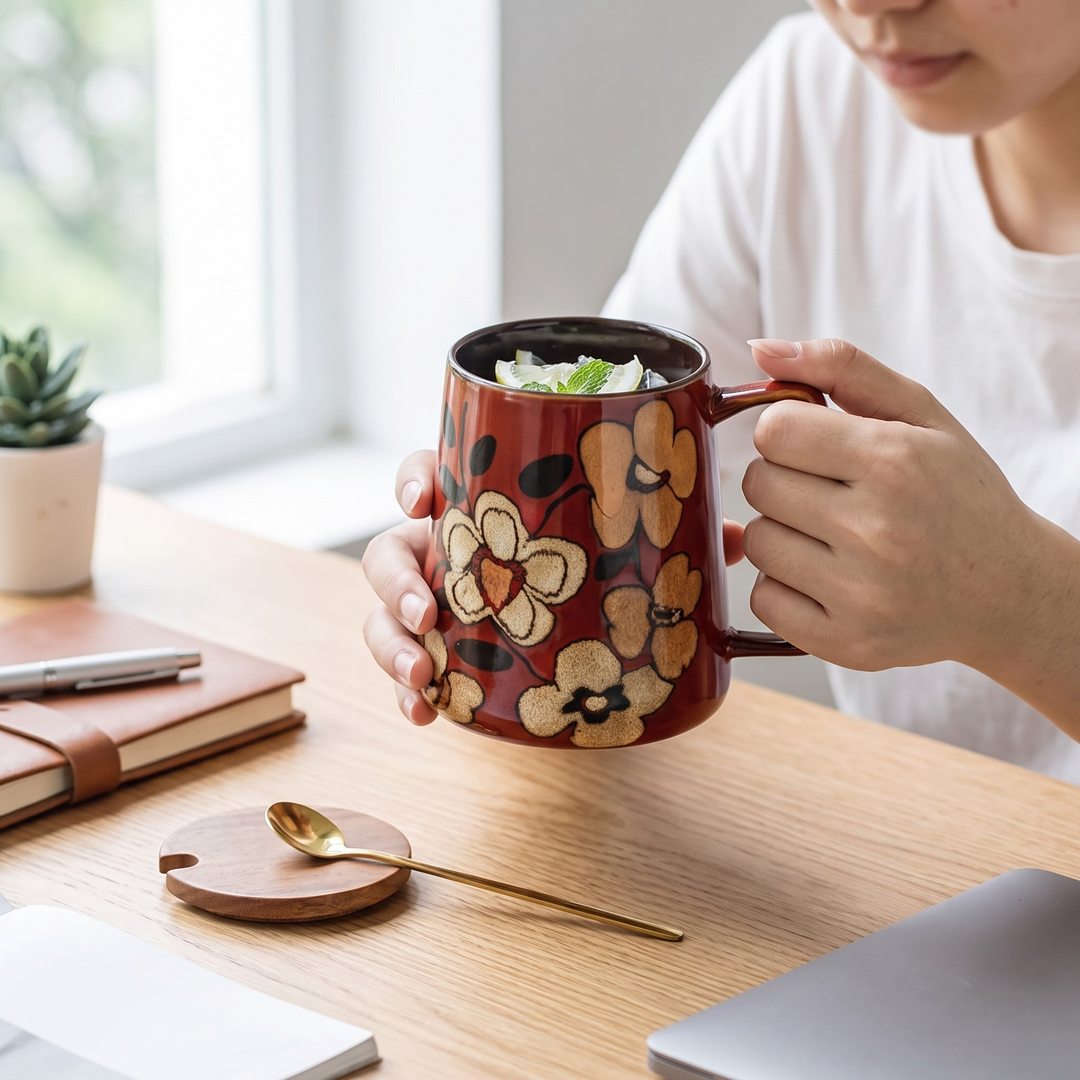 A person holds a red ceramic mug with a floral pattern in a bright, modern room. The mug features large tan and yellow flowers with dark centers, and the person is holding it with both hands over a wooden desk with a notebook, spoon, and laptop.