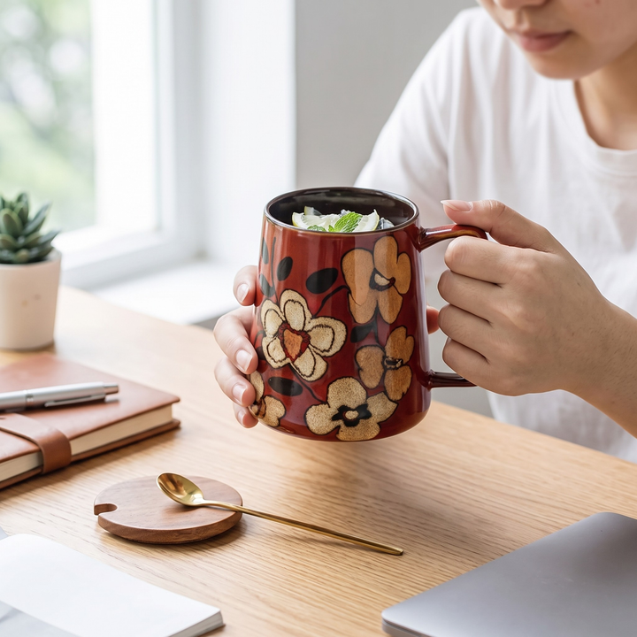 A person holds a red ceramic mug with a floral pattern in a bright, modern room. The mug features large tan and yellow flowers with dark centers, and the person is holding it with both hands over a wooden desk with a notebook, spoon, and laptop.