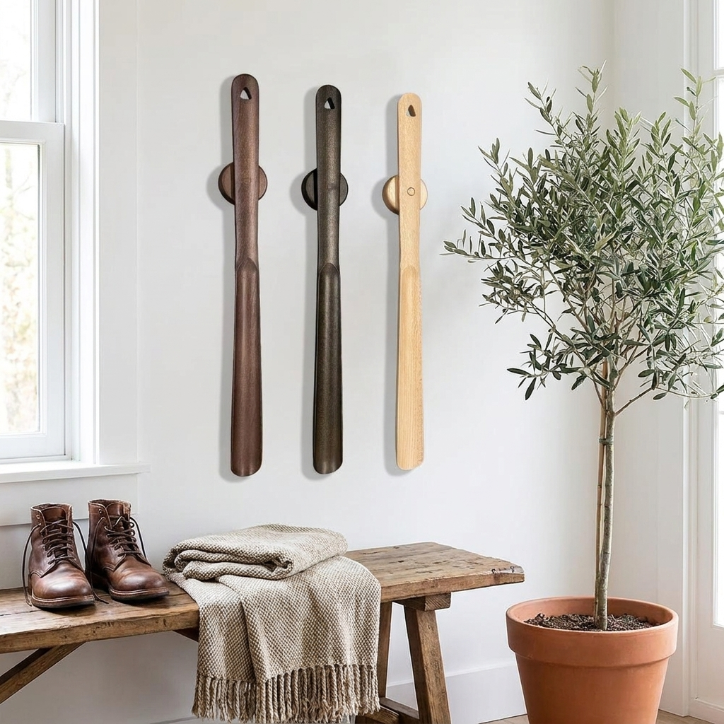 Three wooden shoe tree wall hooks in brown, black, and natural wood tones are displayed on a white wall above a rustic wooden bench with brown leather boots, a folded beige throw blanket, and a potted olive tree nearby.