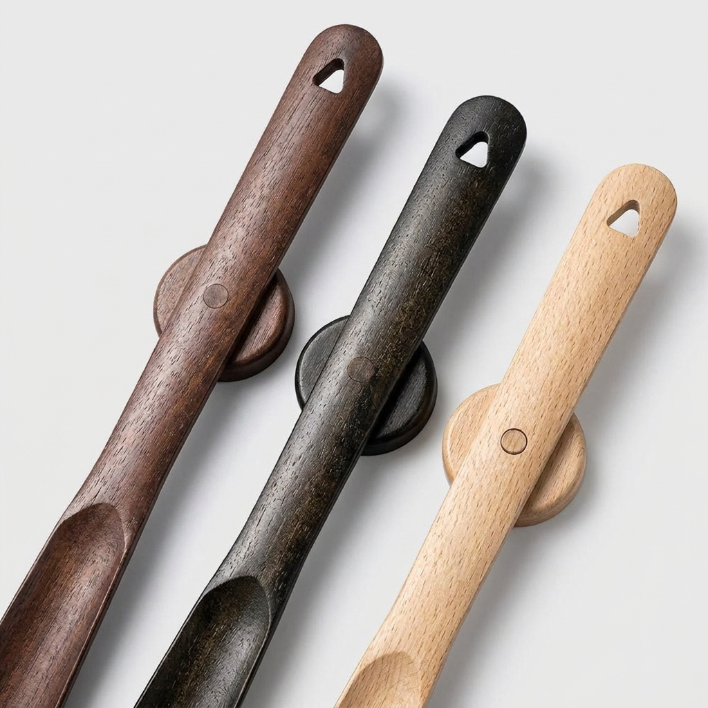 Three wooden spoon handles with integrated circular holders, shown in dark brown, black, and light natural wood tones on a light gray background.