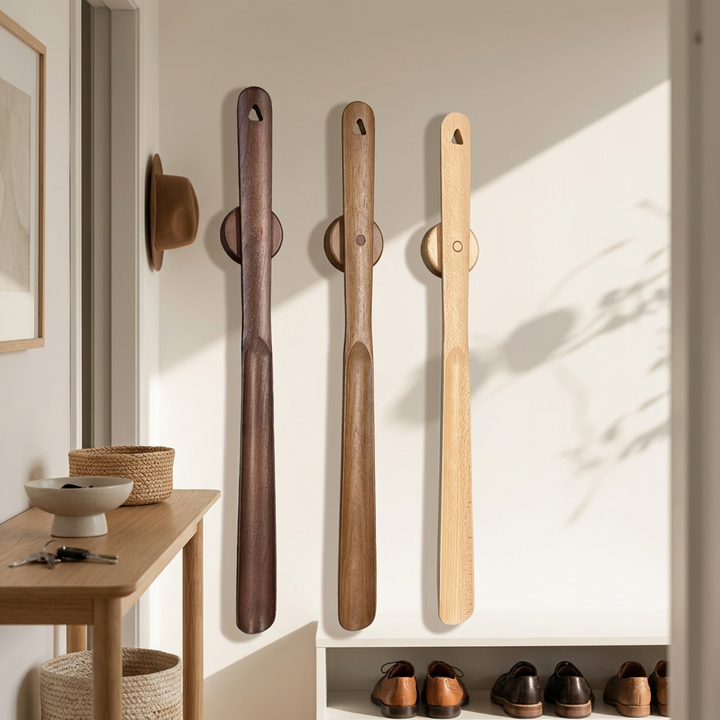 Three wall-mounted wooden shoe rack hooks in different wood tones, shown hanging on a beige wall in a styled entryway with a hat rack, console table, baskets, and shoes below.