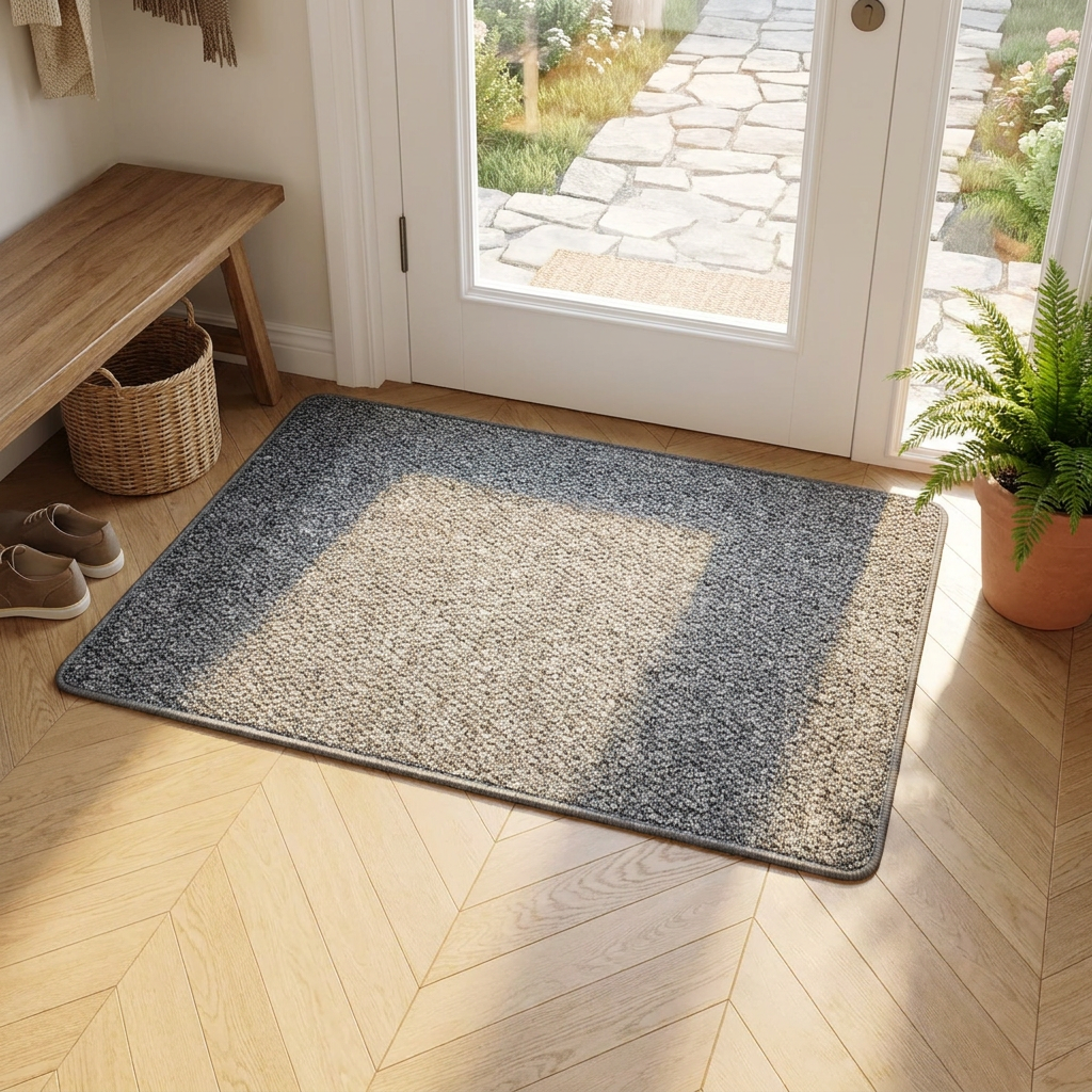 A rectangular entryway rug with a mottled gray and beige textured pattern, shown on a light wood herringbone floor in front of a glass door. The scene includes a wooden bench, a woven basket, a potted fern, and a stone path visible outside.