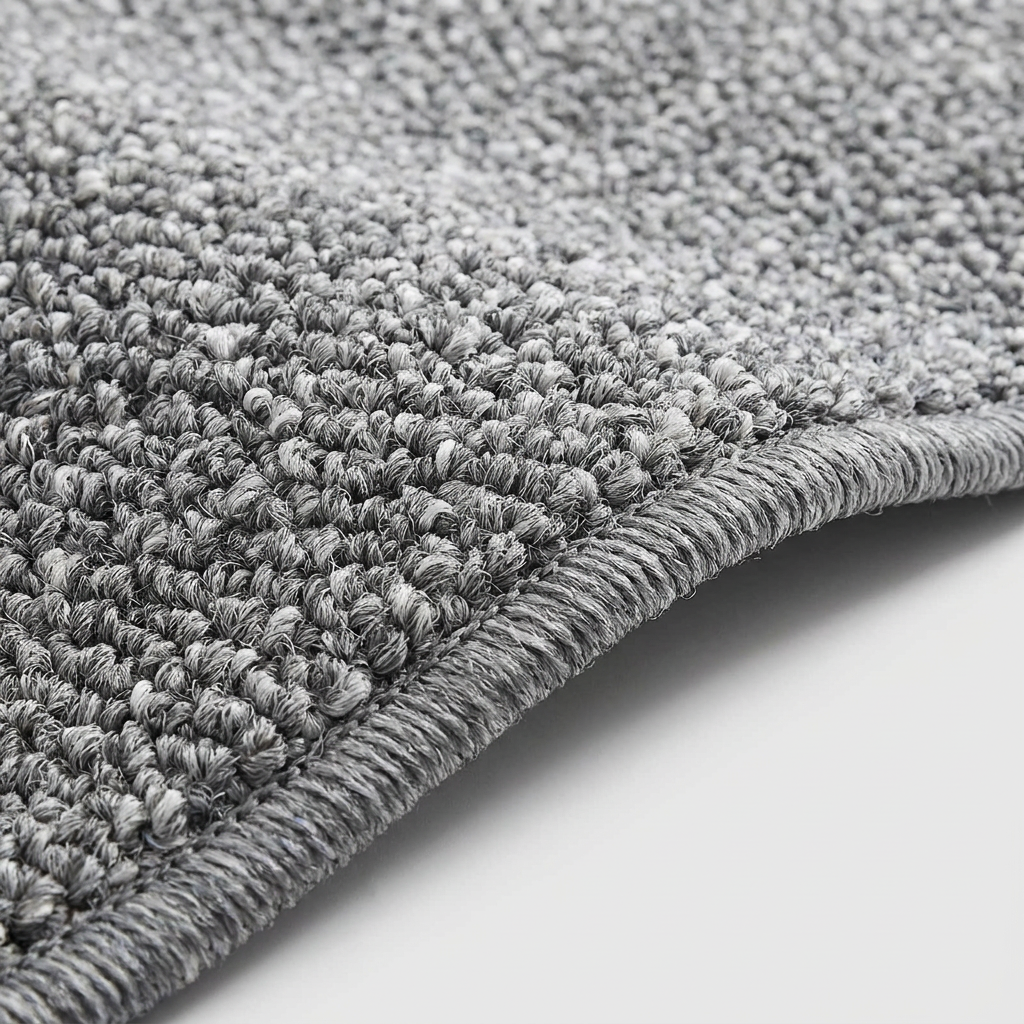 Close-up of a gray loop-pile rug corner showing the thick textured pile and twisted edge, photographed on a light neutral background.