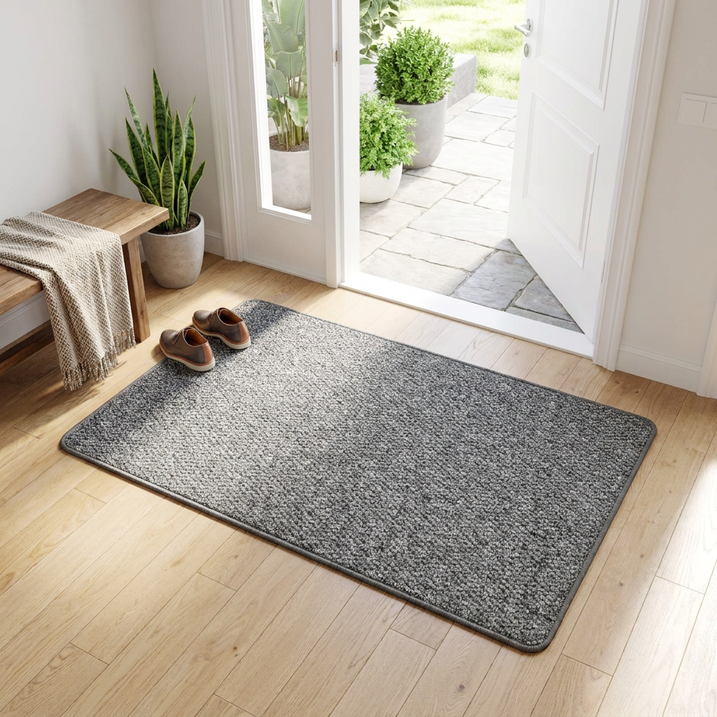 A rectangular gray textured entryway rug with a dark border lies on a light wood floor in front of an open white door, with a bench, plants, and slippers nearby.