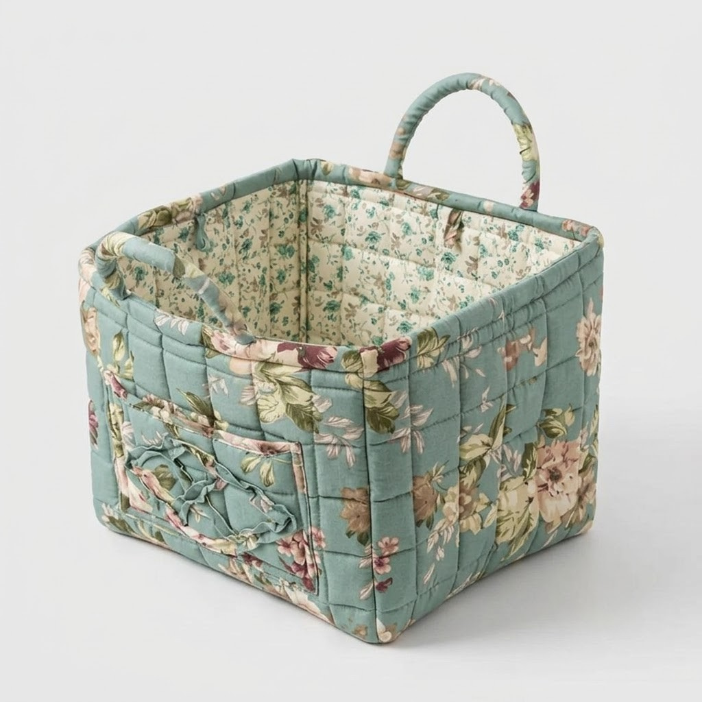 A quilted fabric storage basket with a floral print in sage green, featuring a top handle, a front pocket with a ruffled tie closure, and a light cream floral lining, shown on a light gray background.