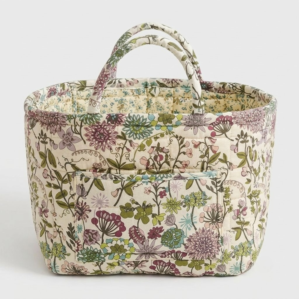 A fabric storage basket with a floral print, featuring two top handles and a front pocket, set against a plain light gray background.