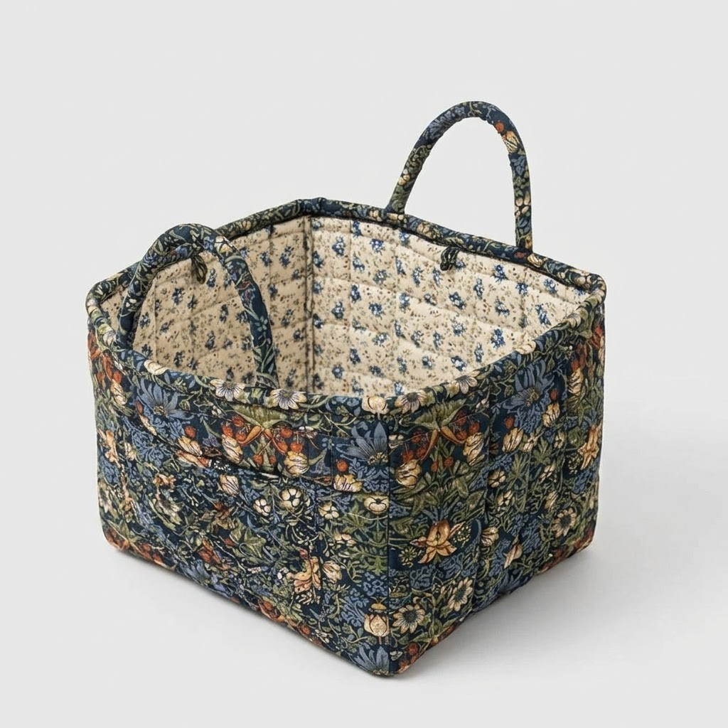 A fabric storage basket with a dark blue and green floral pattern exterior and a cream-colored floral lining, featuring two top handles, shown on a light gray background.